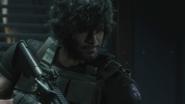 Resident Evil 3 screenshot: A character in tactical gear with a rifle, featuring the Umbrella Corporation logo on their shoulder.