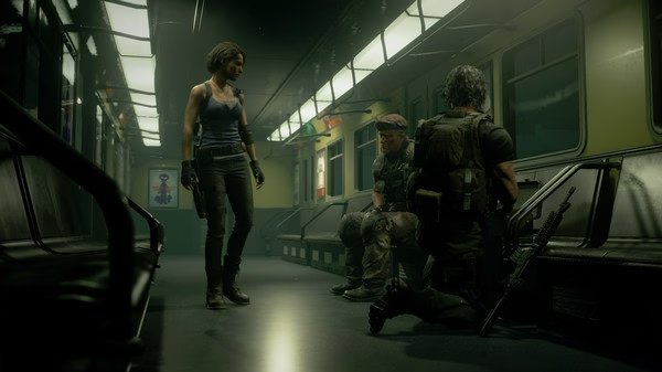 Resident Evil 3 screenshot showing characters in a dimly lit subway car, with one standing and two sitting, discussing plans.