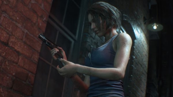 Resident Evil 3 screenshot: A character holds a gun in a dim alley, wearing a tank top, with brick walls surrounding them.