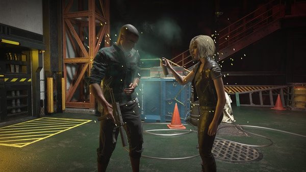 Resident Evil 3 screenshot: A person aims a pistol at another character holding a rifle in a dimly lit industrial setting.