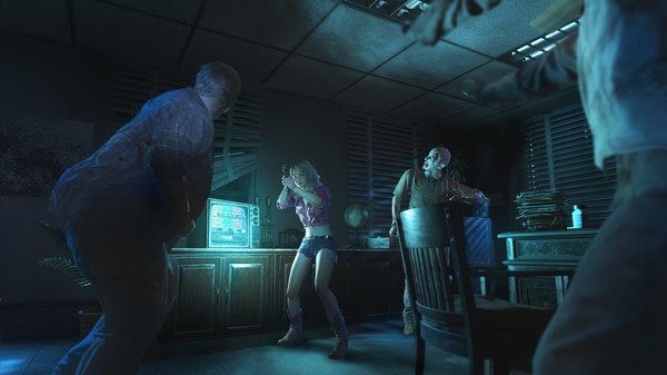 Resident Evil 3 screenshot: A character aims a weapon while surrounded by zombies in a dimly lit office room.