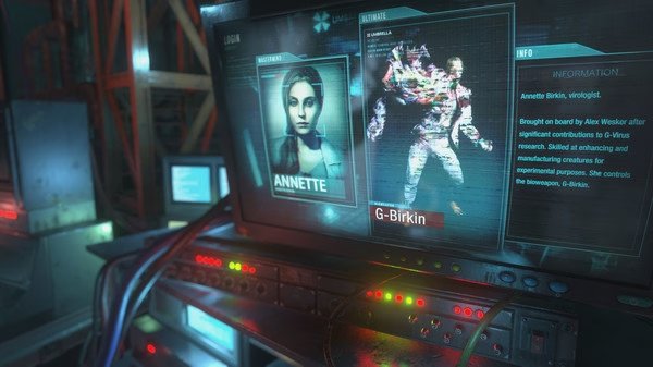 Resident Evil 3 screenshot: A computer screen displays profiles of Annette and G-Birkin in a dimly lit room filled with equipment.