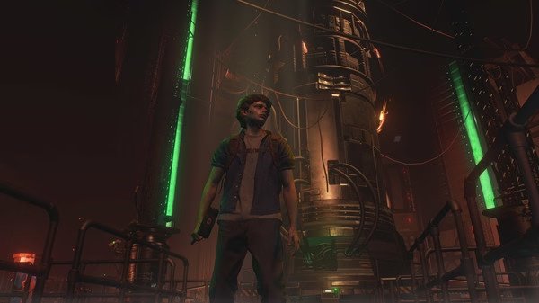 Resident Evil 3 screenshot: A lone character stands in a dimly lit industrial area, holding a weapon, surrounded by machinery.
