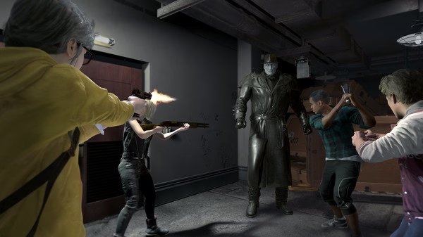 A Resident Evil 3 screenshot showing Nemesis confronting a group of survivors in a dimly lit corridor as one fires a weapon.