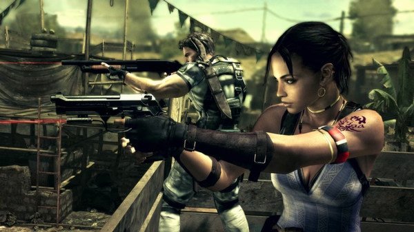 Resident Evil 5 screenshot: Two characters armed with guns in a tense outdoor setting, ready for action amidst a backdrop of chaos.