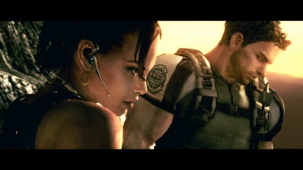 Screenshot from Resident Evil 5 showing two main characters wearing tactical gear against a sunset-lit background.