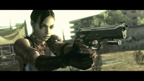 Resident Evil 5 screenshot: Character aiming a handgun outdoors, with buildings and trees visible in the background.