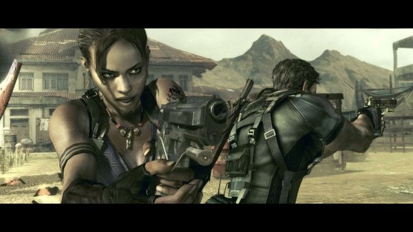 Resident Evil 5 screenshot: Two characters armed and ready in a dusty village setting with mountains in the background.