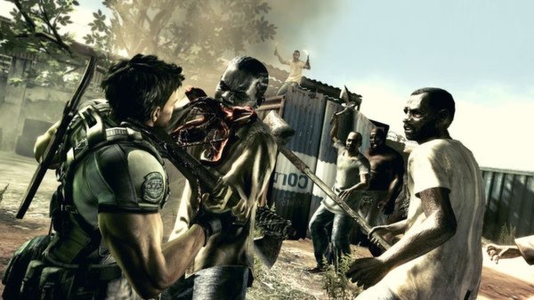 Resident Evil 5 screenshot: A character fights multiple zombies in an outdoor setting, using melee combat.