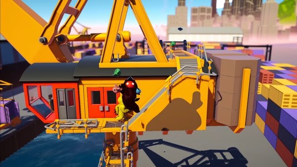 Gang Beasts screenshot: Colorful characters fight on a crane platform above water in a vibrant industrial setting.