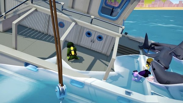 Gang Beasts screenshot: Colorful characters battle on a sinking boat surrounded by sharks in chaotic multiplayer gameplay.
