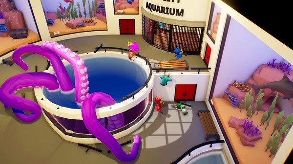 Gang Beasts screenshot: Colorful characters battle near a giant octopus in an aquarium-themed arena.
