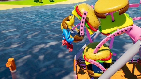 Gang Beasts screenshot: Characters in colorful costumes grapple on a spinning burger-themed amusement ride above water.