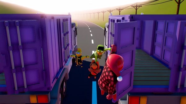 Gang Beasts screenshot: Colorful characters brawl on moving trucks, with one hanging on the door, set against a sunny road backdrop.