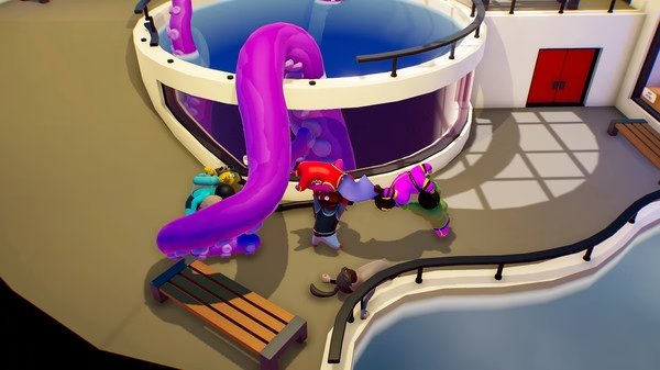 Gang Beasts screenshot: Colorful characters struggle with a giant purple tentacle near a pool and glass enclosure.