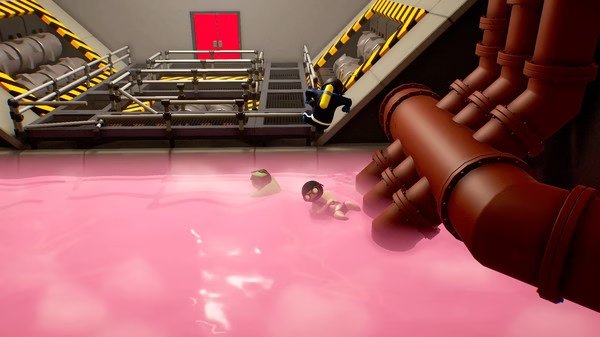 Gang Beasts screenshot: Characters struggle near pink liquid, one climbing pipes while others float in the water below an industrial platform.
