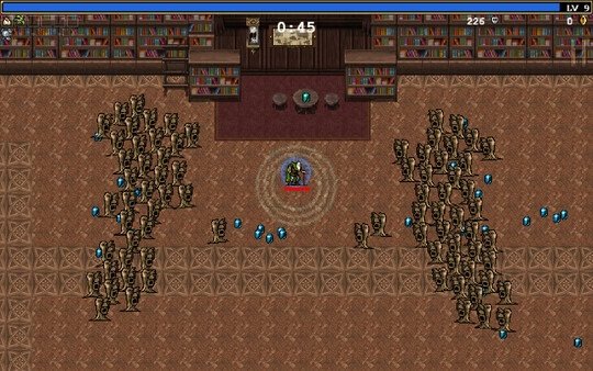 Vampire Survivors screenshot: A character surrounded by enemies in a library setting with glowing blue gems scattered on the ground.