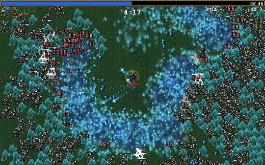 Vampire Survivors screenshot: A character surrounded by glowing blue effects battles waves of enemies in a grassy field.