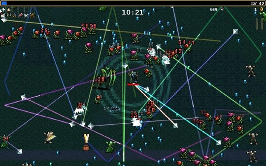 Vampire Survivors screenshot: Character battles multiple monsters using colorful projectiles in a chaotic scene.