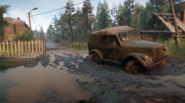 SnowRunner screenshot: A rugged vehicle navigates a muddy, waterlogged path in a rustic, forested village setting.