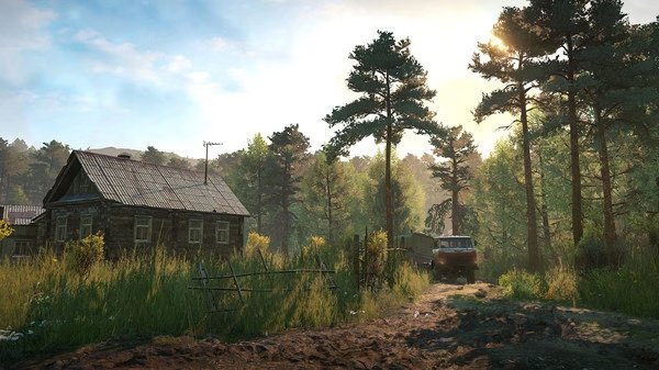 A SnowRunner screenshot showing a muddy path, a truck parked near a wooden house, and tall trees under a sunny sky.