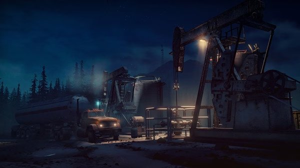 SnowRunner screenshot showing a truck parked near oil rigs at night, surrounded by forest and mountains.