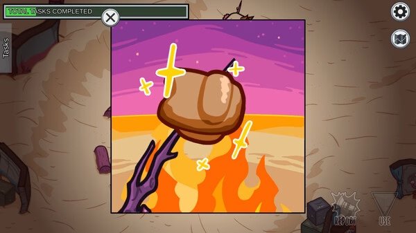 Among Us screenshot: A brown marshmallow on a stick over a campfire, set against a sunset sky with sparkles.