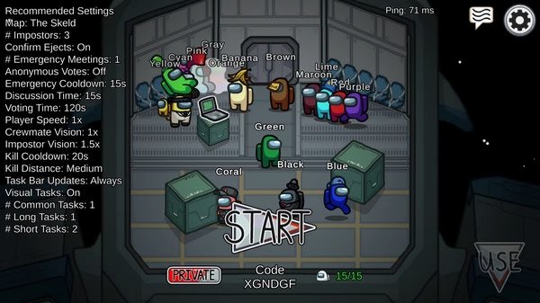 Screenshot of an Among Us lobby with colorful crewmates gathered around the start button inside a spaceship.