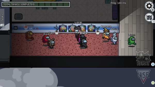 Screenshot from Among Us showing colorful crewmates in a hallway. They are near arcade machines, with tasks partially completed.