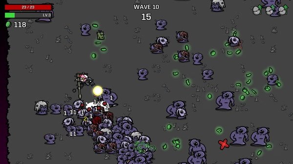 Brotato screenshot: A hero fights off a horde of purple monsters in wave 10, surrounded by glowing green items.