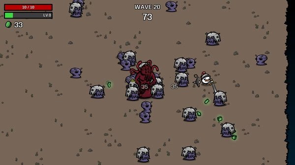 Screenshot from Brotato: A red, horned character battles numerous purple enemies while collecting green items on a brown field.