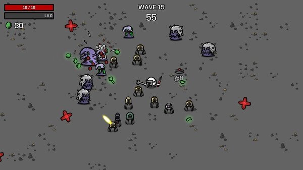 Brotato screenshot: The character battles waves of enemies on a gray terrain, health and wave number visible at the top.