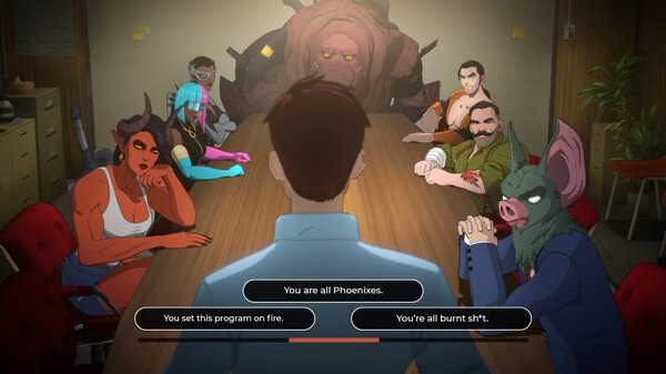 Screenshot from the game Dispatch showing a character facing a conference table with diverse, unique creatures seated.