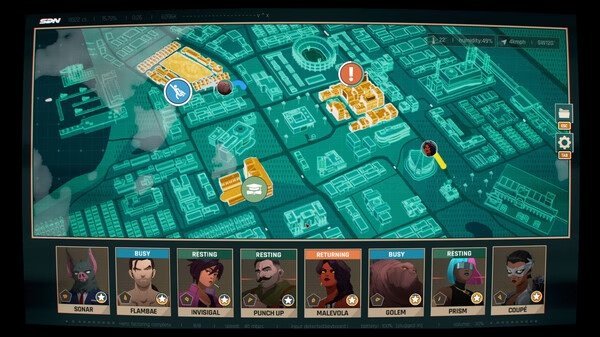 Screenshot from the game Dispatch showing a city map with icons and avatars indicating tasks and character statuses.