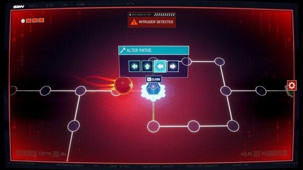 Screenshot from the game Dispatch showing a network grid with an 'Intruder Detected' alert and options to alter paths.