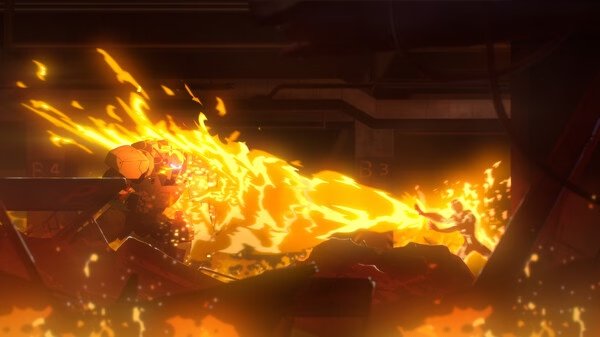 Screenshot from 'Dispatch': A character in a helmet shoots a fiery stream towards another figure in a chaotic, fiery scene.