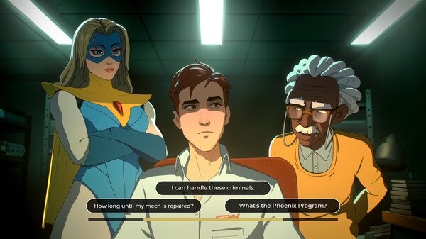 Screenshot from the game Dispatch showing three characters in conversation with dialogue options at the bottom.