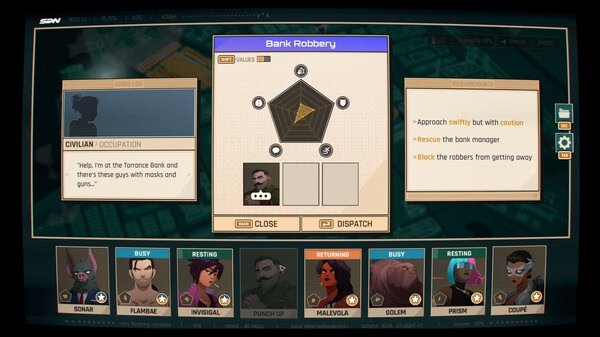 Screenshot of the game Dispatch showing a mission briefing for a bank robbery with character icons and task details.