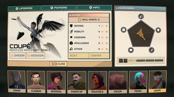 Screenshot of "Dispatch" showing the character selection screen with stats for CoupΓ©, a merciless mercenary at Rank 2.