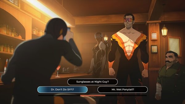 Screenshot from the game Dispatch showing a character taking a photo in a bar while dialogue options appear at the bottom.