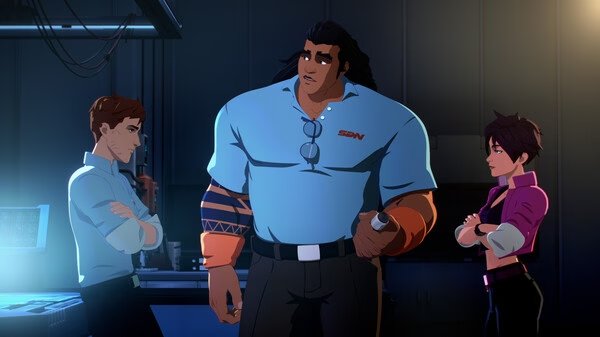 Screenshot from the game Dispatch showing a group of three animated characters standing in a dimly lit room.