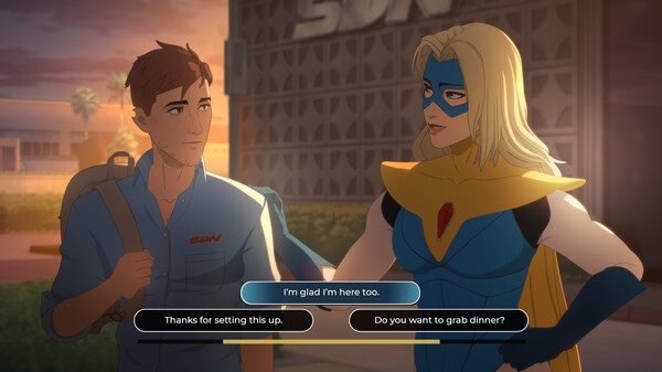 Screenshot from the game 'Dispatch' showing two characters conversing with dialogue options visible at the bottom.