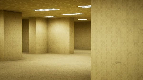 Screenshot from Escape the Backrooms showing an eerie, dimly lit room with beige walls and fluorescent ceiling lights.