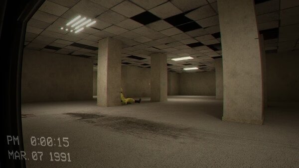 Screenshot from Escape the Backrooms showing a dim, empty room with pillars, tiled ceiling, and a figure lying on the floor.