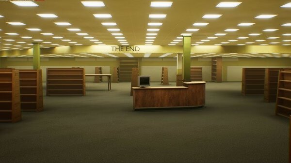 Screenshot from Escape the Backrooms showing an empty, fluorescent-lit room with shelves and a sign reading "The End".