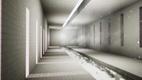 Screenshot from Escape the Backrooms showing a long, tiled hallway with glowing white lights and scattered particles.