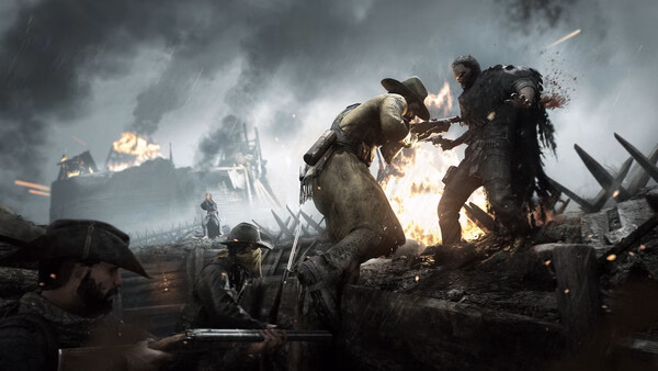 Screenshot from Hunt: Showdown 1896 showing intense combat with hunters in a trench, one aiming a gun, amidst a fiery battlefield.