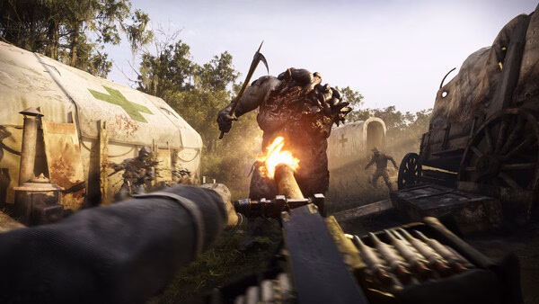 Screenshot from Hunt: Showdown 1896 showing a player aiming a gun at a large, menacing creature in a wooded area with wagons.