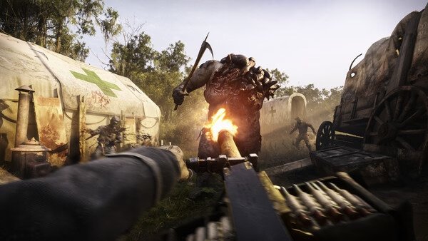 Screenshot from Hunt: Showdown 1896 showing a player aiming a gun at a large, menacing creature in a wooded area with wagons.