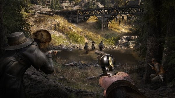 A screenshot from Hunt: Showdown 1896 showing players aiming weapons at enemies near a river and a wooden bridge in a forested area.